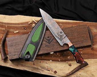 Personalized Copper Damascus Kitchen Knife | 10" Chef blade | Resin Handle | Engraved Gift Box
