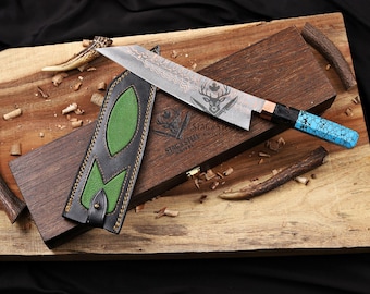 Copper Damascus Chef Knife, Artisan Gyuto K Tip Blade with Leather Sheath & Wooden Box.