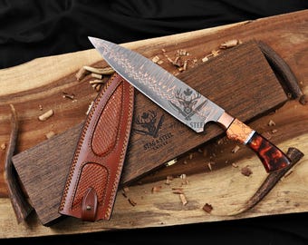 Custom Copper Damascus Chef Knife | 9" Blade Chef | Marble & Resin Handle | Engraved Gift Box