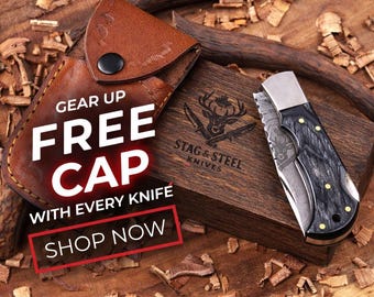 Damascus Pocket Knife with Leather Sheath | Personalized Gift for Him | Wooden Box | Free Cap.
