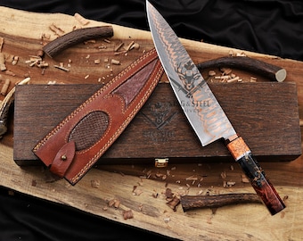 Handforged Copper Damascus Chef Knife | Cu-Mai Blade | Leather Sheath & Wooden Box.