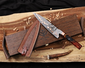 Cu Mai Damascus Chef Knife – 8" Gyuto Blade, Resin Handle, Leather Sheath & Wooden Box