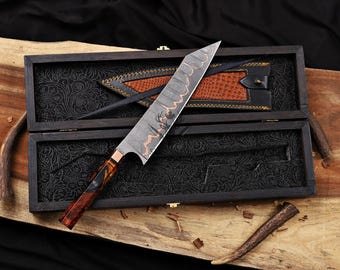 Handmade Copper Damascus Chef Knife, K-Tip Gyuto, Leather Sheath & Wooden Box