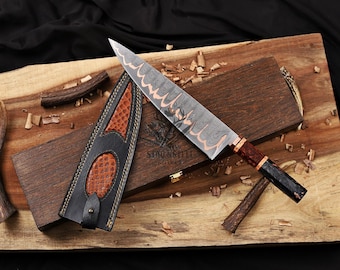 Handmade Copper Damascus Chef Knife, Resin Carbon Fiber Handle, Wooden Box