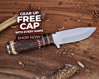 Handmade D2 Steel Hunting Knife: Rosewood, Staghorn/Camelbone Handle, Leather Sheath - Free Gift Cap