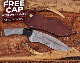 Bowie Knife | VG10 Damascus Blade | Tinted Camel Bone Handle | Free Gift Cap