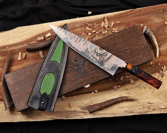 Copper Damascus Kitchen Knife | 10" Cu-Mai Blade | Resin Handle & Wooden Gift Box.