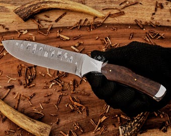 Damascus Hunting Knife, Iron wood Handle, Full Tang, Leather Sheath
