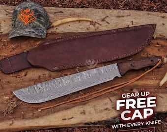 Handmade Machete Knife – Damascus Steel Full Tang Blade | Hunting, Bushcraft & Outdoor Knife - Free Gift Cap