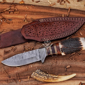 Custom Damascus Hunting Knife: Rosewood, Stag Horn or Camel Bone Handle