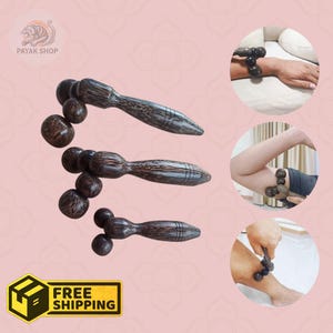 May include: Three wooden massage tools with a dark wood grain pattern and rounded massage heads. The tools are shown in use on an arm, leg, and wrist. The image also includes a logo and a "FREE SHIPPING" graphic.