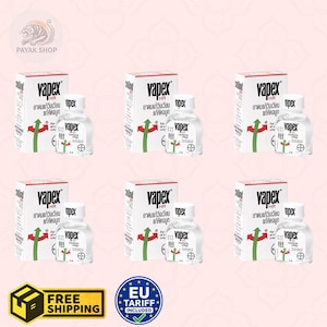 May include: Six identical Vapex HR nasal inhaler sets, each consisting of a white rectangular cardboard box and a small clear glass bottle with a white cap. The packaging features black text, a green arrow graphic, and the Bayer logo.
