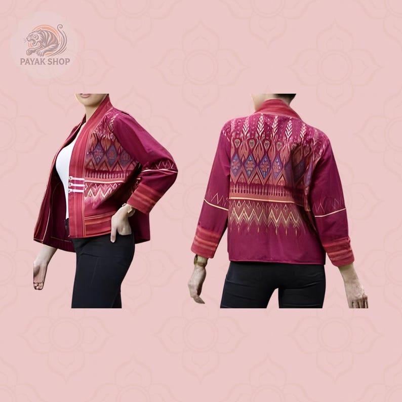 May include: A burgundy jacket with intricate geometric patterns in gold, red, and blue. The jacket features long sleeves and a collarless design. The text "PAYAK SHOP" is visible in the upper left corner.