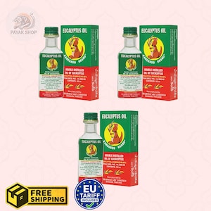 May include: Three clear glass bottles of Kangaroo Brand Eucalyptus Oil, each with a green cap and a label featuring a kangaroo illustration. Each bottle is accompanied by a matching green and red rectangular box with 0.5 oz contents listed.
