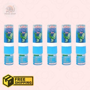 May include: Six identical cylindrical inhalers arranged in a row. Each inhaler features a blue label with a green peacock illustration, Thai text, and a list of ingredients including camphor, borneol, menthol, and other herbs in a blue plastic case.