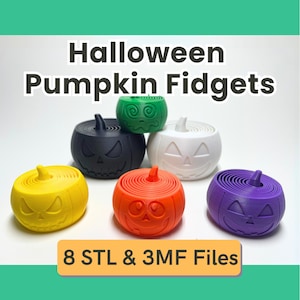 Puede incluir: Varios juguetes fidget con forma de calabaza, impresos en 3D, en colores vibrantes: amarillo, naranja, morado, verde, negro y blanco. La imagen incluye el texto "Halloween Pumpkin Fidgets" y "8 STL & 3MF Files".