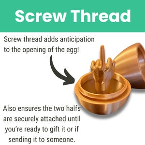May include: A gold-colored egg-shaped container with a screw-on lid. The lid is open and reveals a gold-colored middle finger sculpture inside. The text "Screw Thread" is at the top of the image. The text "Screw thread adds anticipation to the opening of the egg! Also ensures the two halfs are securely attached until you're ready to gift it or if sending it to someone." is below the image.