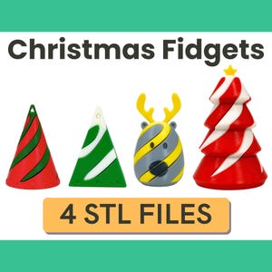 May include: A collection of Christmas-themed fidget toys. The image features a red and green cone, a green and white triangle, a gray, yellow, and black reindeer, and a red and white Christmas tree. Text at the top reads "Christmas Fidgets" and at the bottom "4 STL FILES".