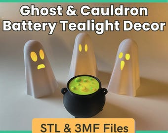 Halloween Battery Tealight Ghost & Cauldron Set - Halloween Decor, Decoration and Ornaments
