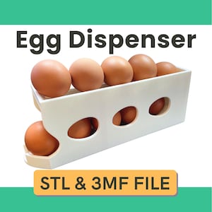 Może przedstawiać: Biały dozownik na jajka z brązowymi jajkami. Dozownik ma owalne otwory i prostokątny kształt. Tekst "Egg Dispenser" znajduje się na górze, a "STL & 3MF FILE" na dole.