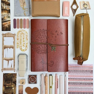 May include: An assortment of stationery items, including a brown leather journal with a tree and butterfly design, pens, a pencil case, and stickers. The color palette is warm, featuring browns, pinks, and gold accents. The image also includes a wallet and a bookmark.