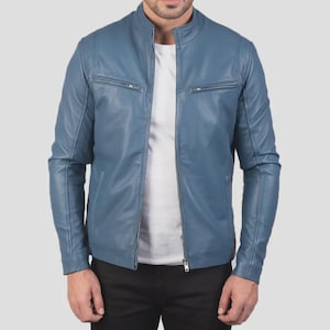 Handmade Blue Leather Moto Jacket: Slim Fit Sheepskin Cafe Racer