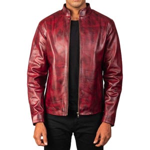 Distressed Burgundy Cowhide Leather Biker Jacket - Vintage Moto Style