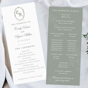 May include: Two wedding programs, one white and one sage green, with elegant script. The white program lists the couple's names and ceremony details. The green program details the wedding party. White flowers are placed on the right.