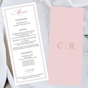 Różowe kwiatowe menu ślubne Canva szablon, inicjały monogramu pary, klasyczne róże, projekt kaligrafii, natychmiastowe pobranie