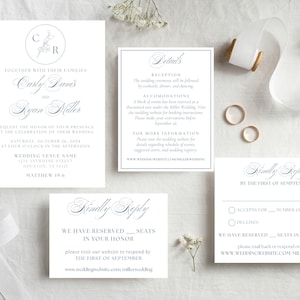 Modello Canva per inviti di nozze blu polvere, cristiano, monogramma, romantico, classico, senza tempo, elegante, download immediato