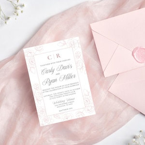 Modello Canva per invito di nozze floreale rosa cipria, cristiano, rose classiche, senza tempo, elegante, iniziali di coppia, download immediato