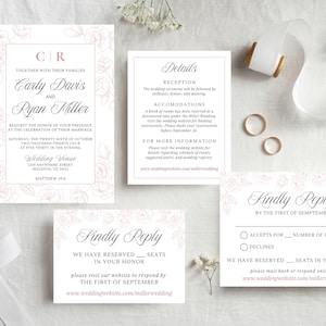 Modèle sur toile pour la suite de faire-part de mariage floral rose pâle, chrétien, roses classiques, intemporel, élégant, initiales de couples, téléchargement immédiat