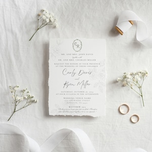 Modèle de toile de carte d'invitation de mariage floral élégant formel, écusson de fleur, roses classiques, conception de calligraphie, téléchargement immédiat