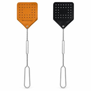 May include: Two fly swatters with square heads and long metal handles. One head is tan and the other is black, both featuring a grid of small circular perforations. The handles are constructed from twisted and looped silver-toned metal wire.