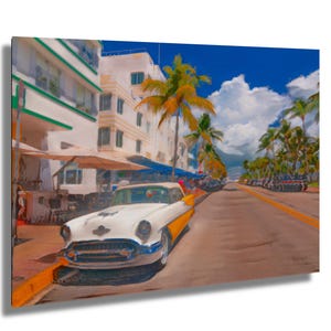 Art mural Miami Ocean Drive - Voiture rétro et scène de rue Art déco - Impression photographique vintage colorée de Miami Beach