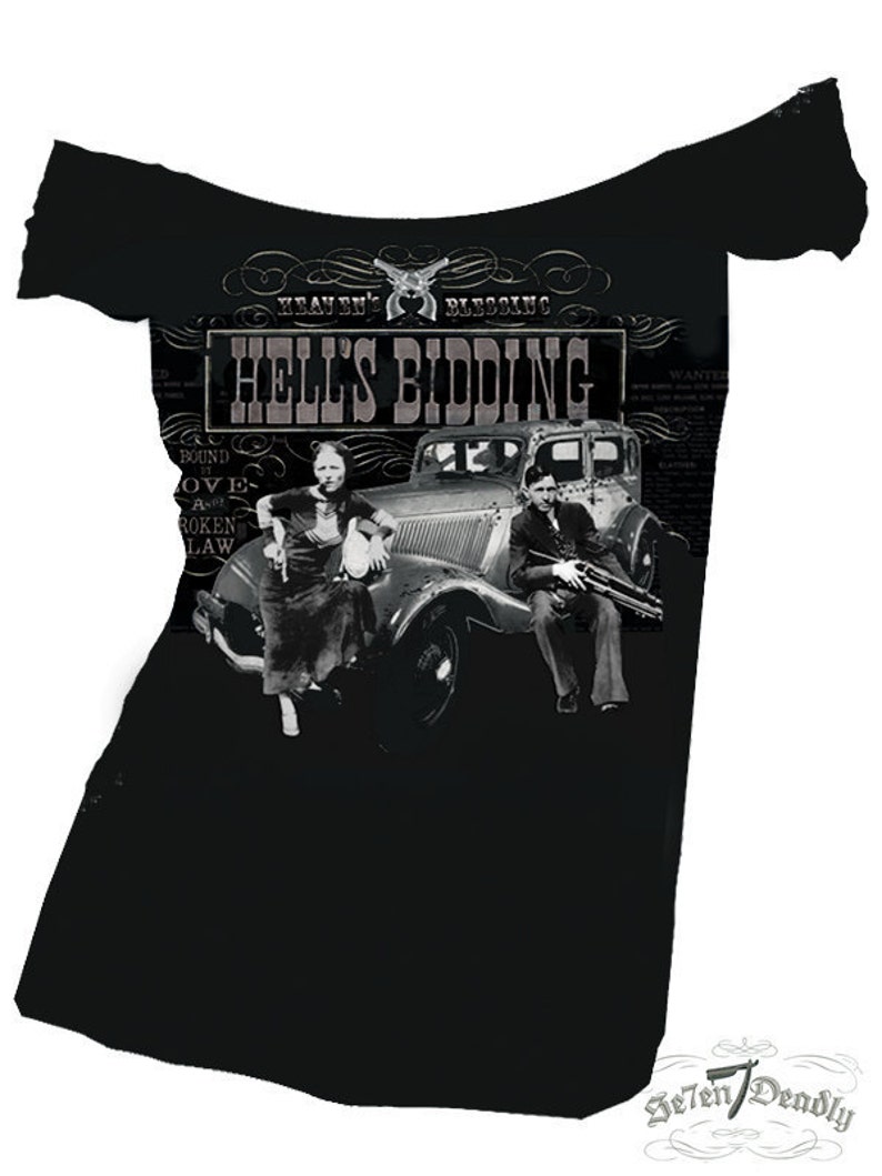 Womens Hell's Bidding Bonnie and Clyde off shoulder Tee image 1