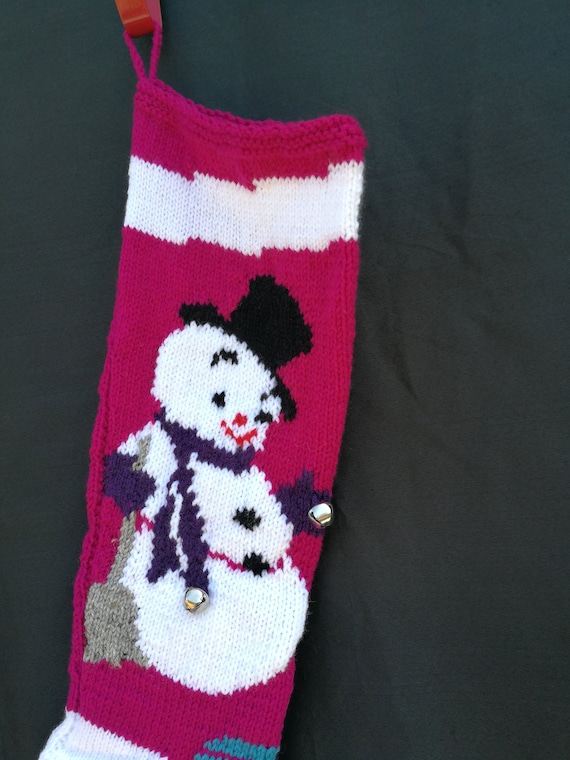 Fuchsia snowman Christmas stocking hand knit by Anasniftyknits on Etsy
