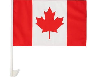 May include: A rectangular Canadian flag with a white background and a red maple leaf in the center. The flag has red vertical bars on each side. The flag is attached to a white plastic pole with a hook.