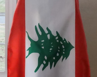 May include: A cape featuring the flag of Lebanon. The cape has a white central panel with a green cedar tree emblem, flanked by red borders. The cape is worn by a person, with the back of their head visible.