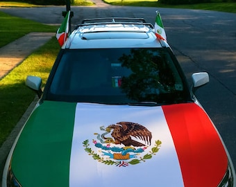 May include: A white SUV with a Mexican flag draped over the hood. The flag features green, white, and red stripes with the Mexican coat of arms in the center. Small Mexican flags are attached to the roof.