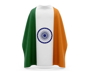 May include: A cape featuring the Indian flag design. The cape has vertical stripes of green, white, and orange. A navy blue Ashoka Chakra is centered on the white stripe. The cape is likely made of fabric and is designed to be worn.