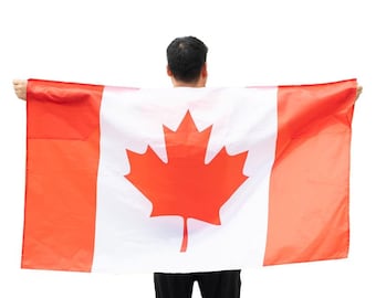 May include: A rectangular Canadian flag with a red maple leaf in the center, flanked by red vertical bars on a white background. The flag is held up by a person, with the back of the person visible.