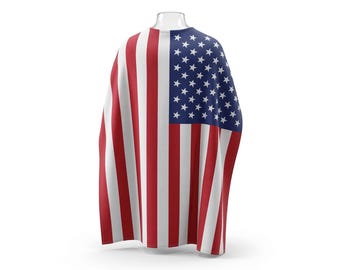 May include: A cape featuring the American flag design. The cape has red and white stripes on the lower portion and a blue field with white stars on the upper left. The cape is draped over a clear, headless mannequin.