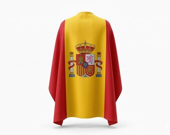 May include: A Spanish flag cape, featuring a yellow center panel with the Spanish coat of arms and red side panels. The cape is draped, showcasing the colors and emblem of Spain.