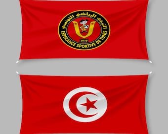 May include: Two red flags. The top flag features a circular emblem with text and a crest. The bottom flag displays a white crescent moon and star on a red background. Both flags are rectangular and have white ties.