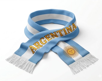アルゼンチン代表サッカーマフラー、青と白のストライプ柄、太陽のエンブレム、フリンジ付き