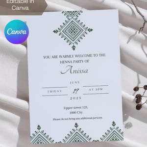 Invitation à une fête au henné marocain vert modifiable/laylat al henné | Motif Fessi traditionnel | Téléchargement numérique instantané via Canva