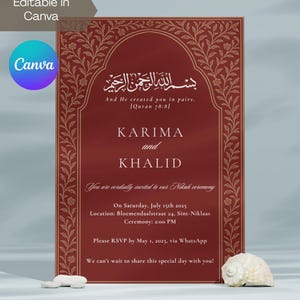 Invitation de mariage islamique rouge foncé modifiable Nikkah Henna Mehndi | Téléchargement numérique | Modèle Canva | Carte d'invitation musulmane | Bismillah