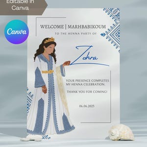 Carte de table de fête/cérémonie au henné marocain bleu modifiable | Laylat Al Henna | Rhenni | Panneau de bienvenue traditionnel | Modèle Canva | Marhbabikoum