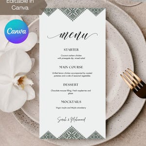 Menu modifiable : cérémonie de henné marocain vert | Laylat Al Henna | Rhenni | Mehndi | Modèle Canva pour décoration de table